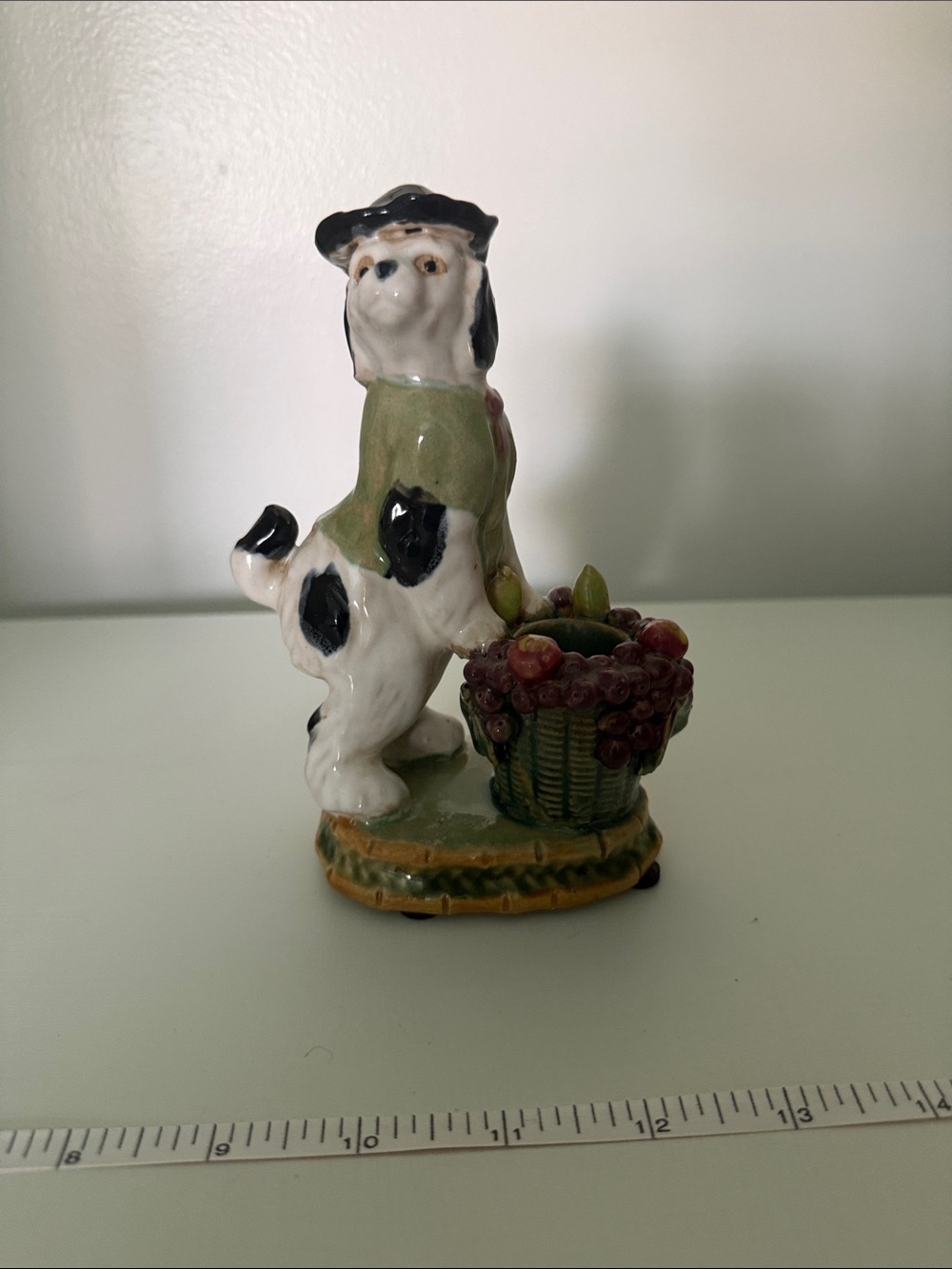 Majolica Porcelain English Spaniel Figurine with Fruit Basket (candle holder)